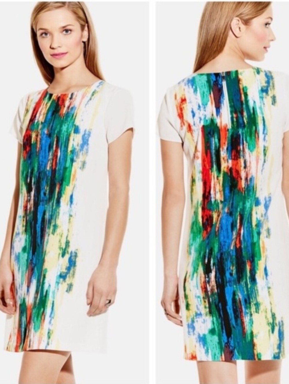 Vince Camuto White Shift Dress with Vibrant Brushstrokes